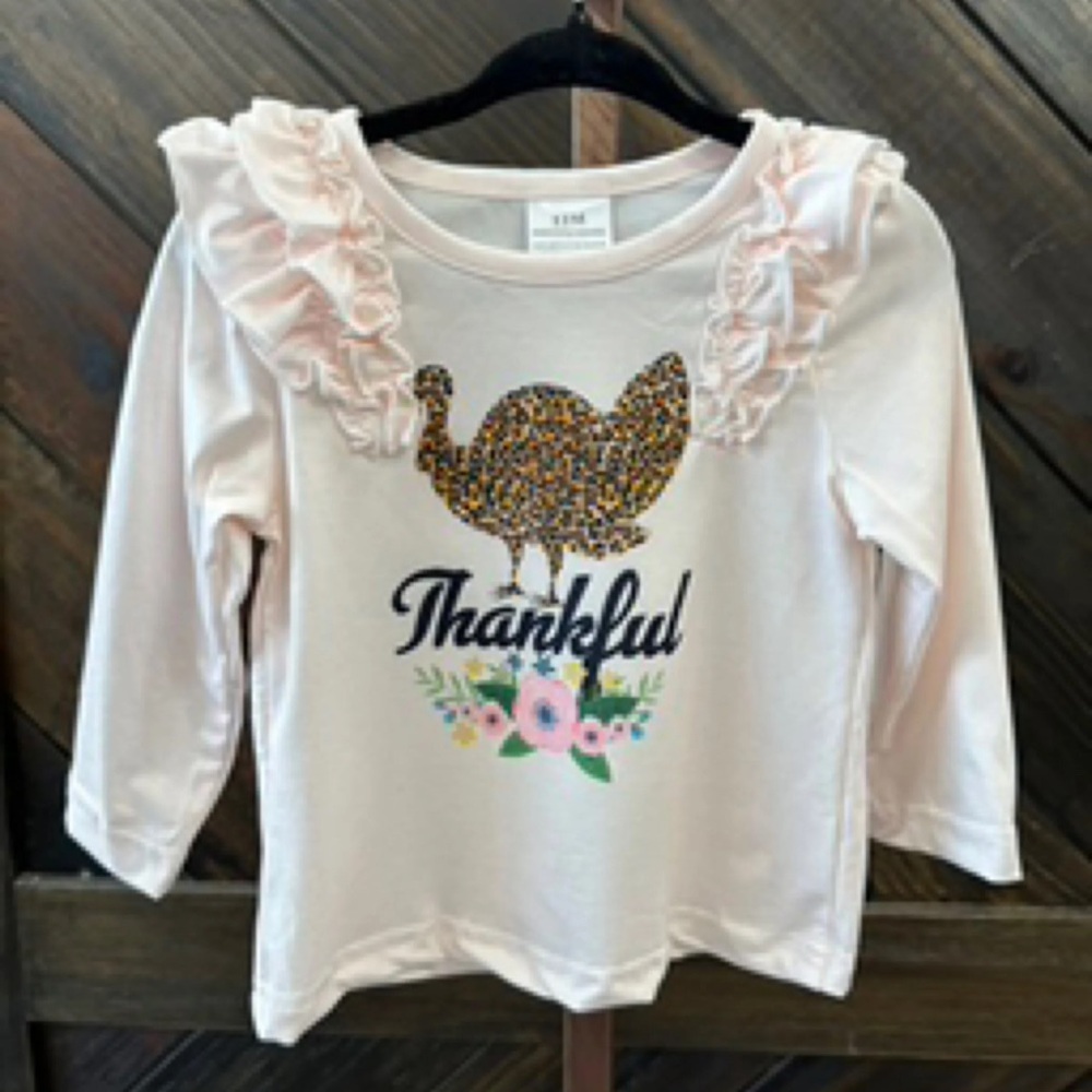 Girls' Thankful Turkey Ruffle Shoulder Long Sleeve Top
